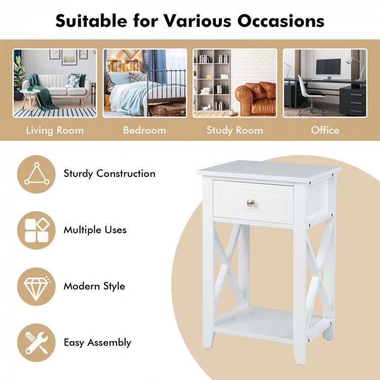 White storage end bedside nightstand with a drawer and bottom shelf, perfect for modern room decor and easy access.